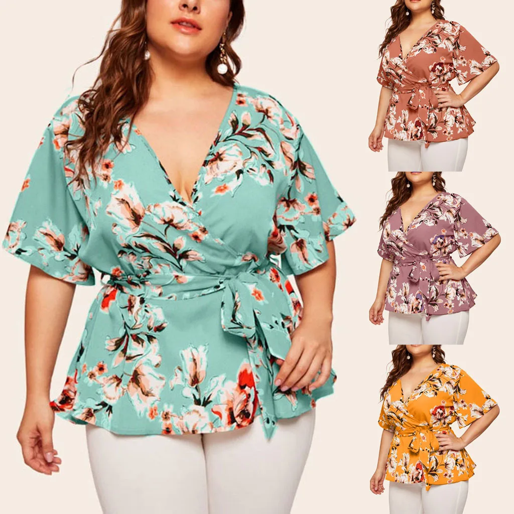 2024 Summer Plus-size Sexy V-neck Short Sleeve Printed Waisted Strap Loose Chiffon Tops Graphic T Shirts Odzież damska 3XL 4XL