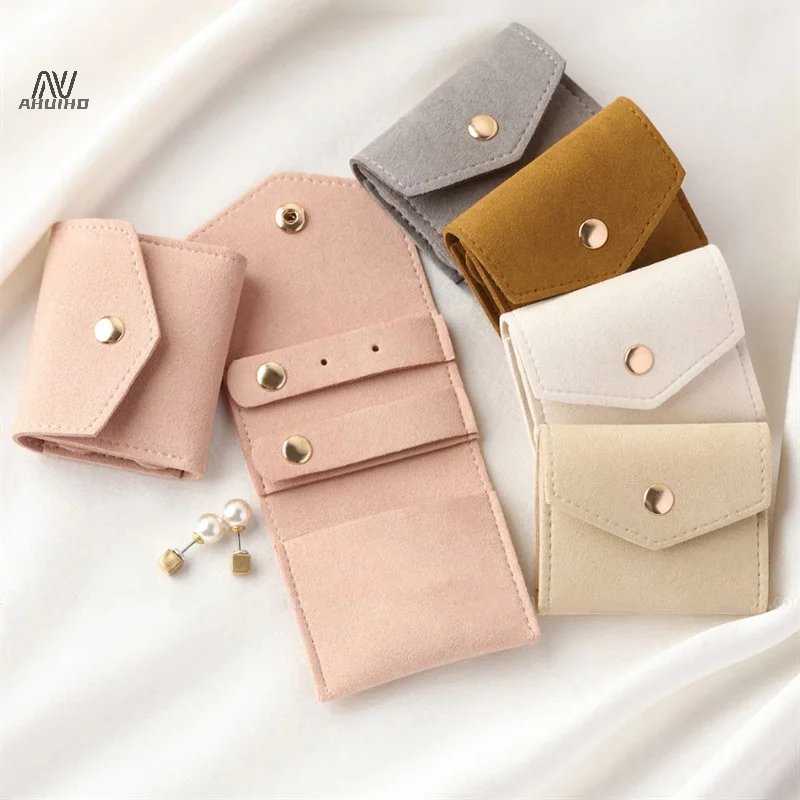 Mini Envelope Jewelry Bag Snap Button Closure Luxury Microfiber Suede Jewelry Necklace Earrings Packaging Pouch Bags