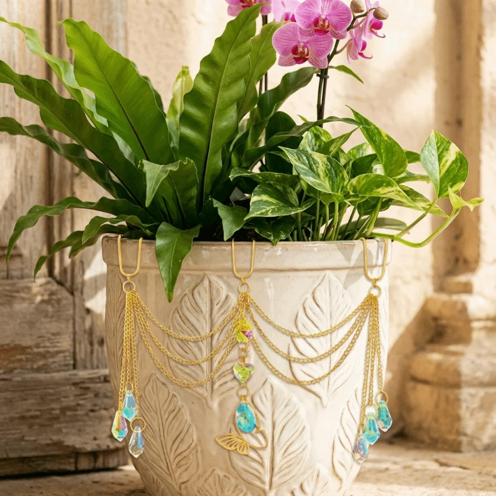 Colorful Flower Pot Crystal Sun Catcher Reflective Butterfly Design Crystal Beaded Plant Hanger Exquisite Decorative