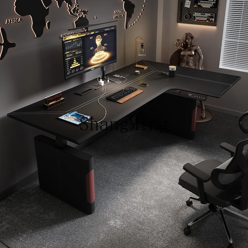 HJ corner electric lifting table L-shaped corner workbench desk home computer office study table solid wood