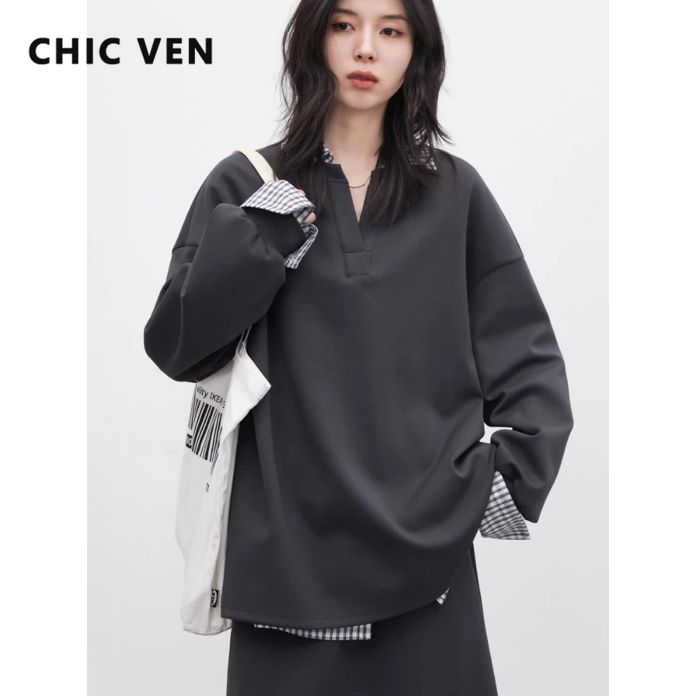 

CHIC VEN Women Skirt Set Solid Loose Casual V-neck Sweatshirt A-line Drawstring Pullover Female Coat Spring Autumn 2026 Clothing