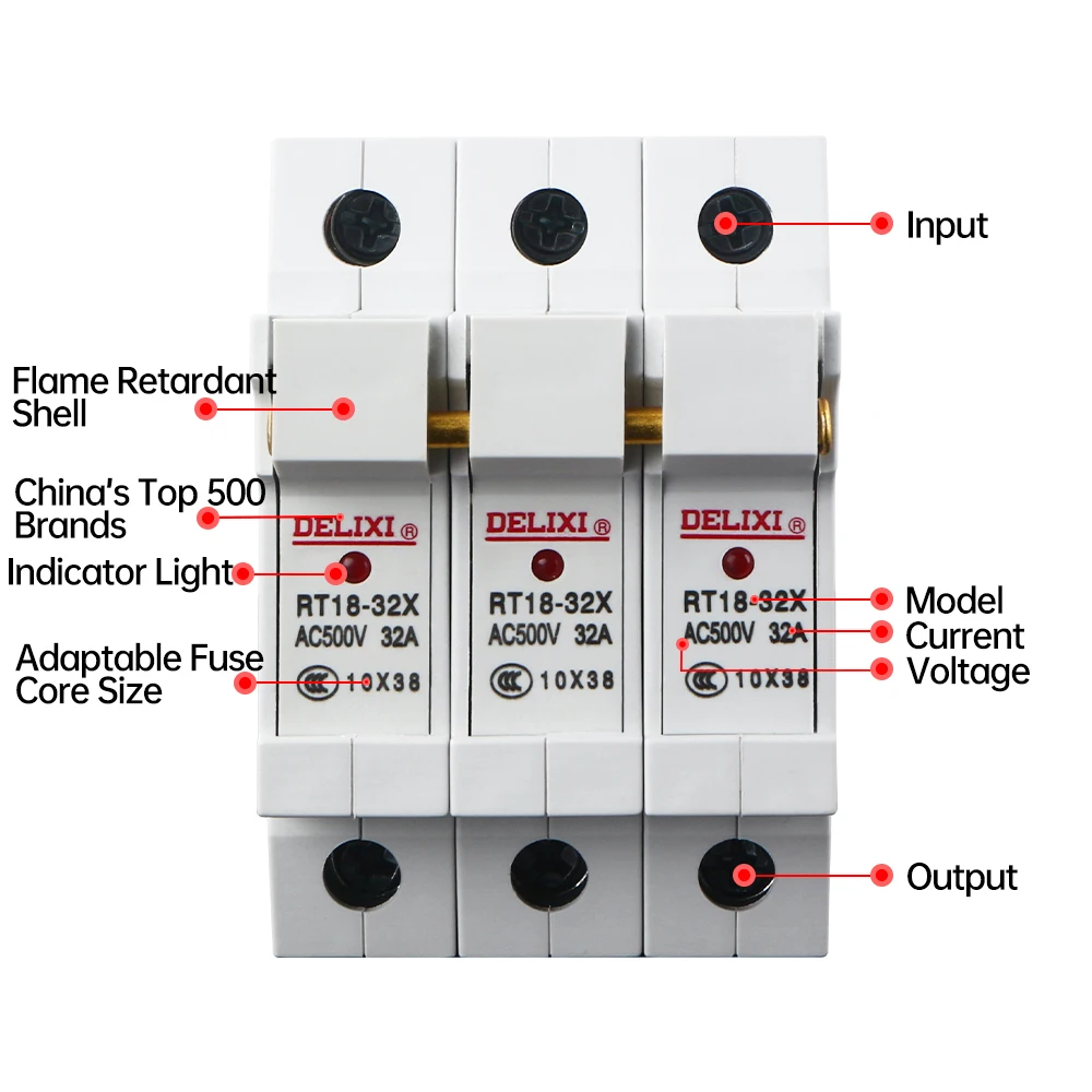 Delixi RT18-32X Holder Indicator Light Rail Mounted10×38mm Fuse Base Circuit Protection 500V AC Industrial Grade Electrical Fuse
