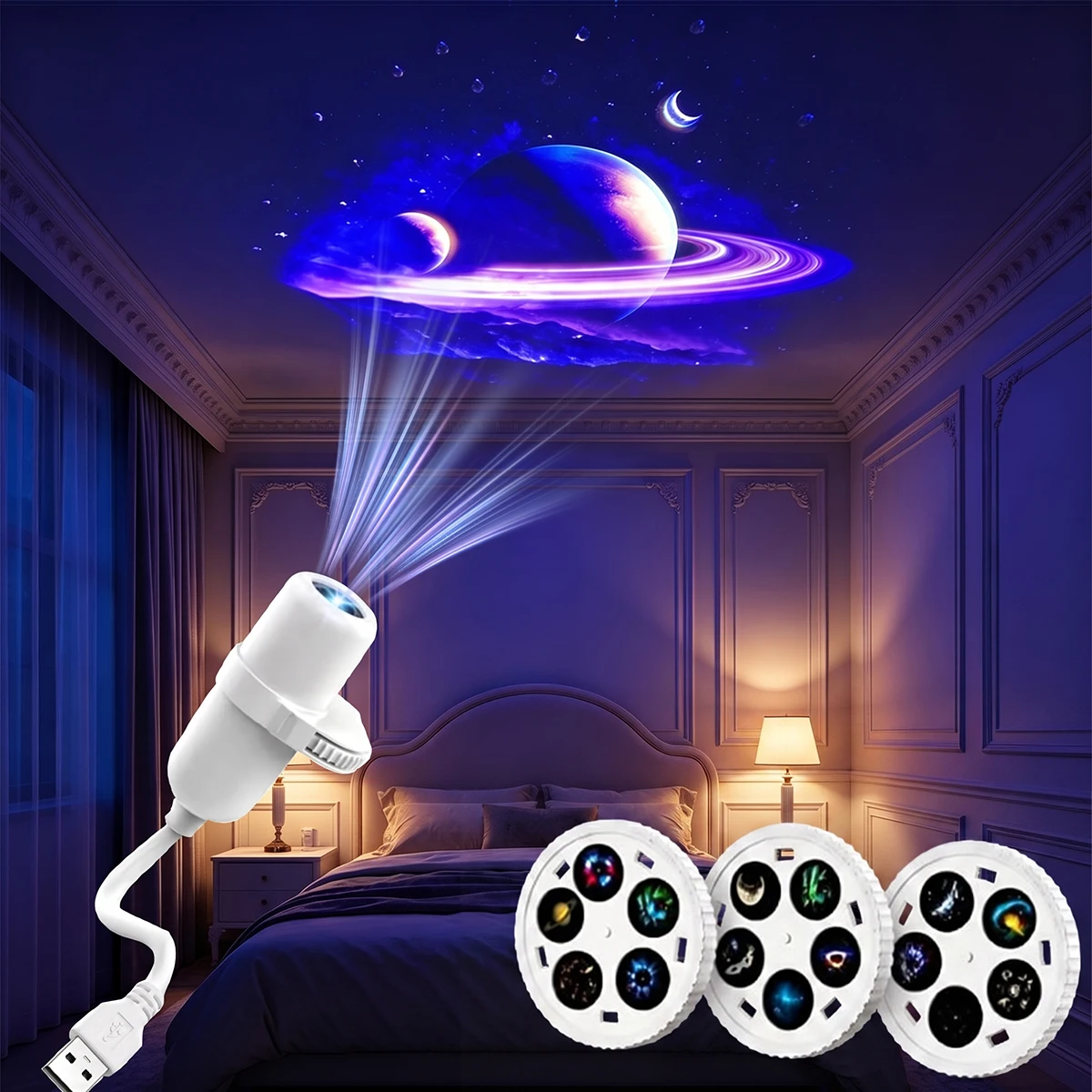 1PC USB Plug in Galaxy Starry Sky Projection Lights 360° Rotating Star Projector Atmosphere Lamp for Bedroom Romantic Home Decor