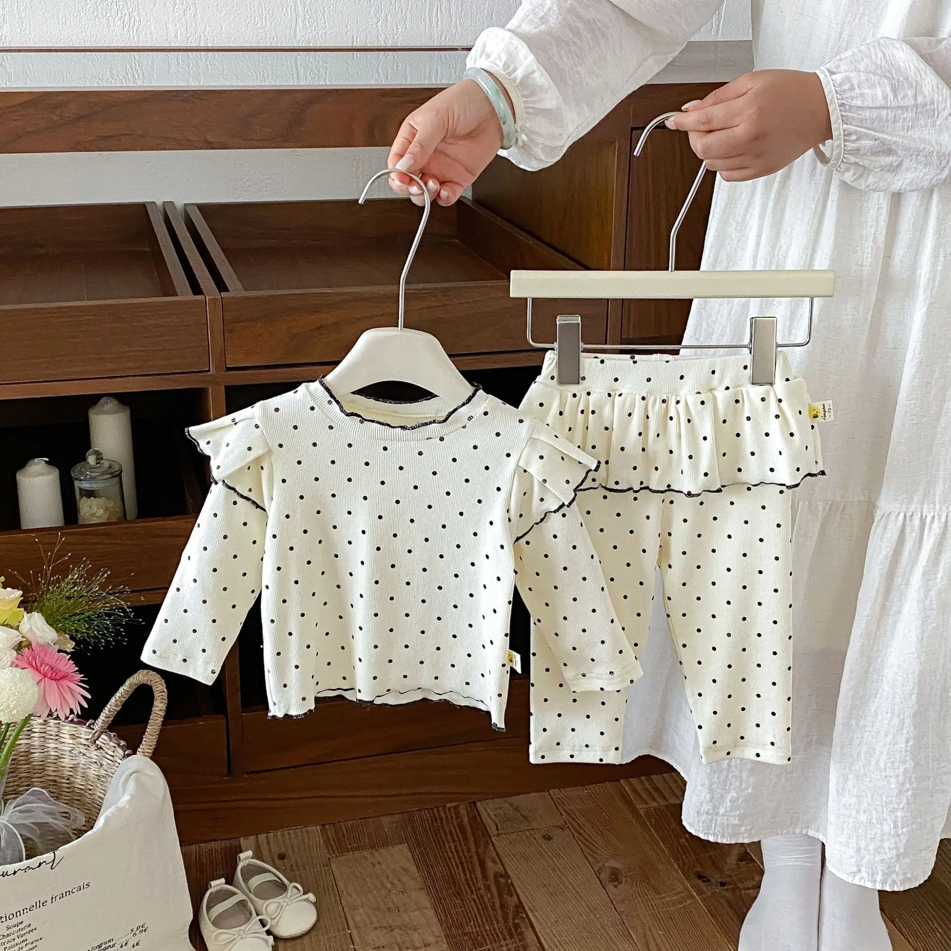 2026 Autumn New Baby Long Sleeve Clothes Set Girls Polka Dot Bottoming Shirts + Lace Leggings 2pcs Suit Toddler Cotton Outfits 5