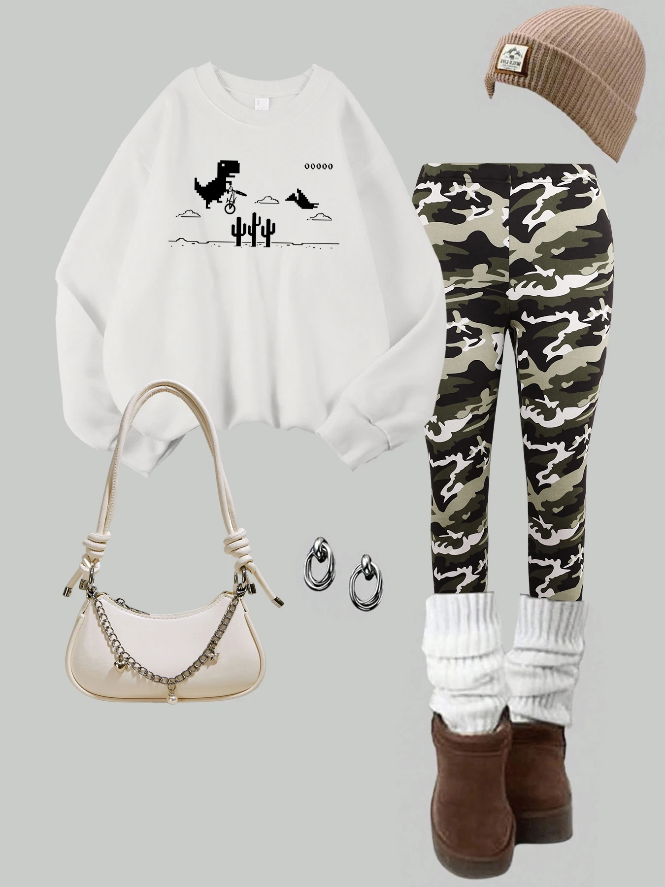 

Dinosaurs Over Cactus Print Women Sweatshirt Set Soft Warm Pants Sets Fleece Crewneck Pullover Elasticity Thicken Leggings