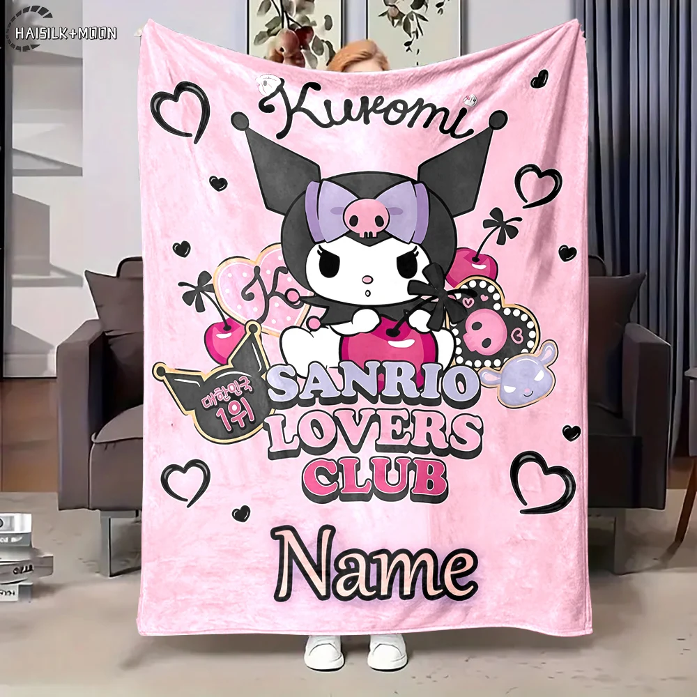 

Персонализированное одеяло с индивидуальным именем Sanrio Kuromi с принтом для взрослых и детей, теплые одеяла и удобное одеяло, праздничные подарки для девочек