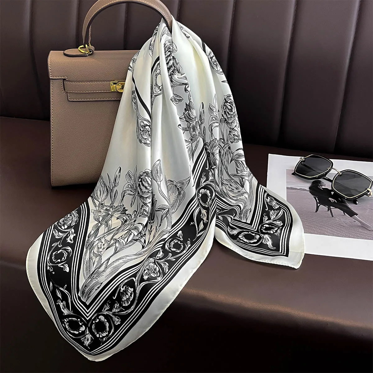 

Luxury Design Scarf Women Silk Imitation Neckerchief Hair Bands Foulard Female Shawls Wraps Ribbon Square Bandanas
