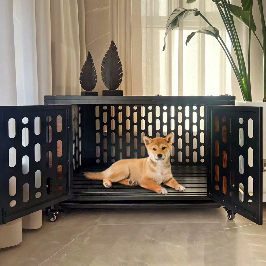 

Dog Crate End Table with Cushion and Hooks, Furniture Style indoor dog cage，Mesh Pet Kennels, Dog House Indoor Use，Black Brown