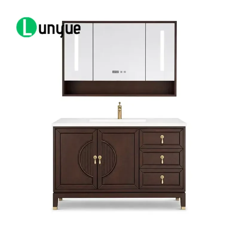 New Chinese Style Solid Wood Bathroom Cabinet Floor Standing Vanity with Quartz Stone Countertop LED Smart Mirror Modern