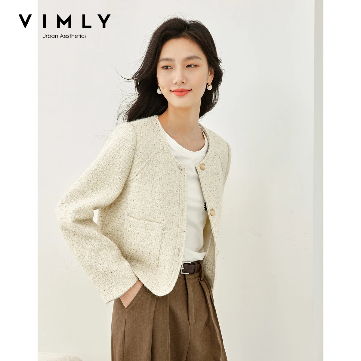 VIMLY Women's Short Coat 2026 Autumn French Elegant Round Neck Loose-fit Straight Wool Jacket Fashion Office Lady Outwears M3892