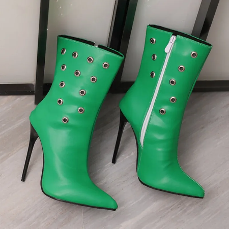 

Women Autumn Winter Boots Rivets Decor Stiletto Shoes 2026 Sexy Pointed Toe Leather Super Thin High Heels 12cm Footwear
