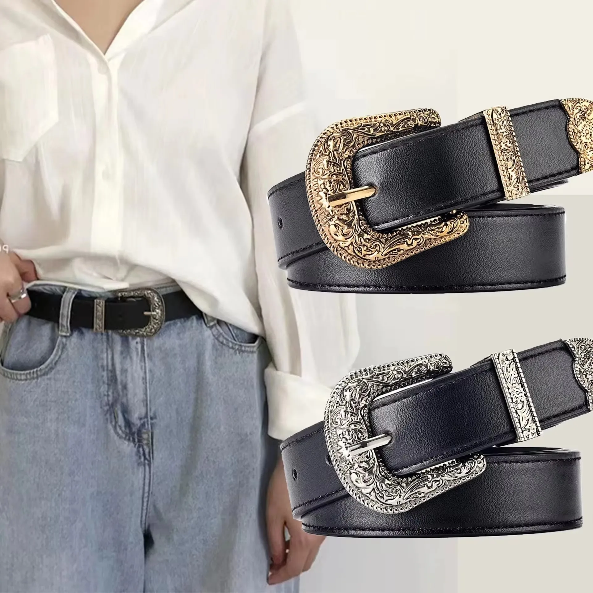 Damengürtel Vintage geschnitzte Nadelschnalle Herrengürtel Punk Hip Hop Rock Stil Jeans Pu Ledergürtel Günstiger Gürtel – Detail 1