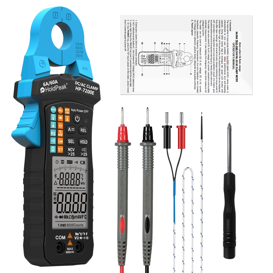 

HP-7200E Auto-select & Auto-range 6A/60A TRUE-RMS DIGITAL DC/AC CLAMP METER DC & AC voltage, DC & AC current, resistance