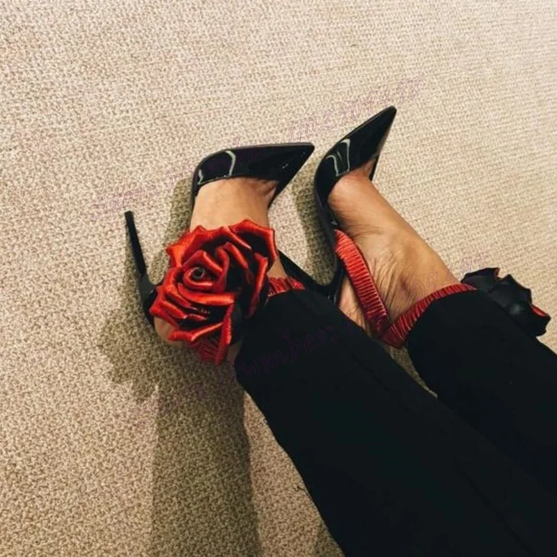 Black Flower Decor Slingback Pumps Pointed Toe Shoes for Women Stilettos High Heels Sexy Lady Shoes 2024 Zapatos Para Mujere