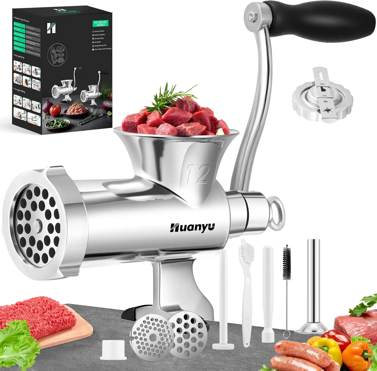 Picadora de Carne Manual de Acero Inoxidable de Alta Resistencia para Salchichas, Carne de Res, Galletas - Apta para Lavavajillas y Multifuncional