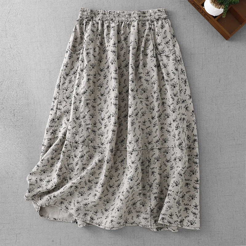 

Cotton Linen High Waist Floral Print Skirt Cool Slimming Hip Covering Summer New Sle Umbrella Skirt Loose Fit Long Skirt