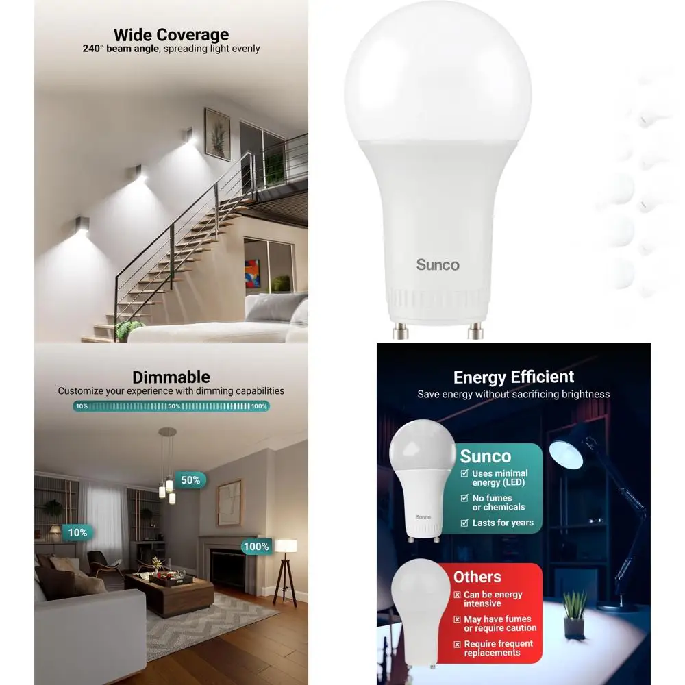 

Набор из 24 светодиодных ламп A19, 800 люмен, 9 Вт, 4000K, холодный белый свет, с регулировкой яркости, цоколь GU24, CRI91, сертифицировано UL.