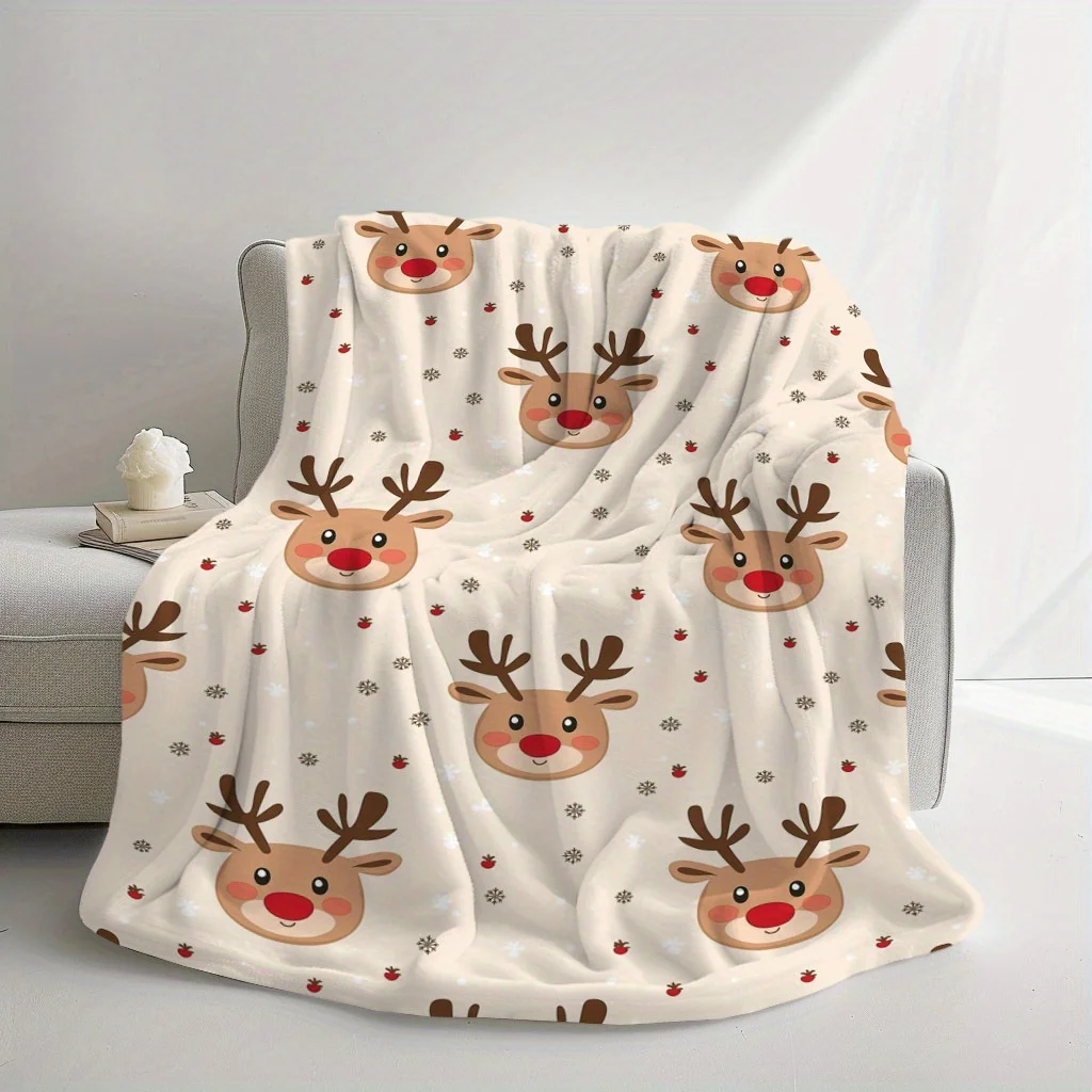 Cozy Christmas Reindeer Print Fleece Blanket - Soft, Warm & Lightweight All-Season Polyester Throw with Festive Reindeer & Snowf