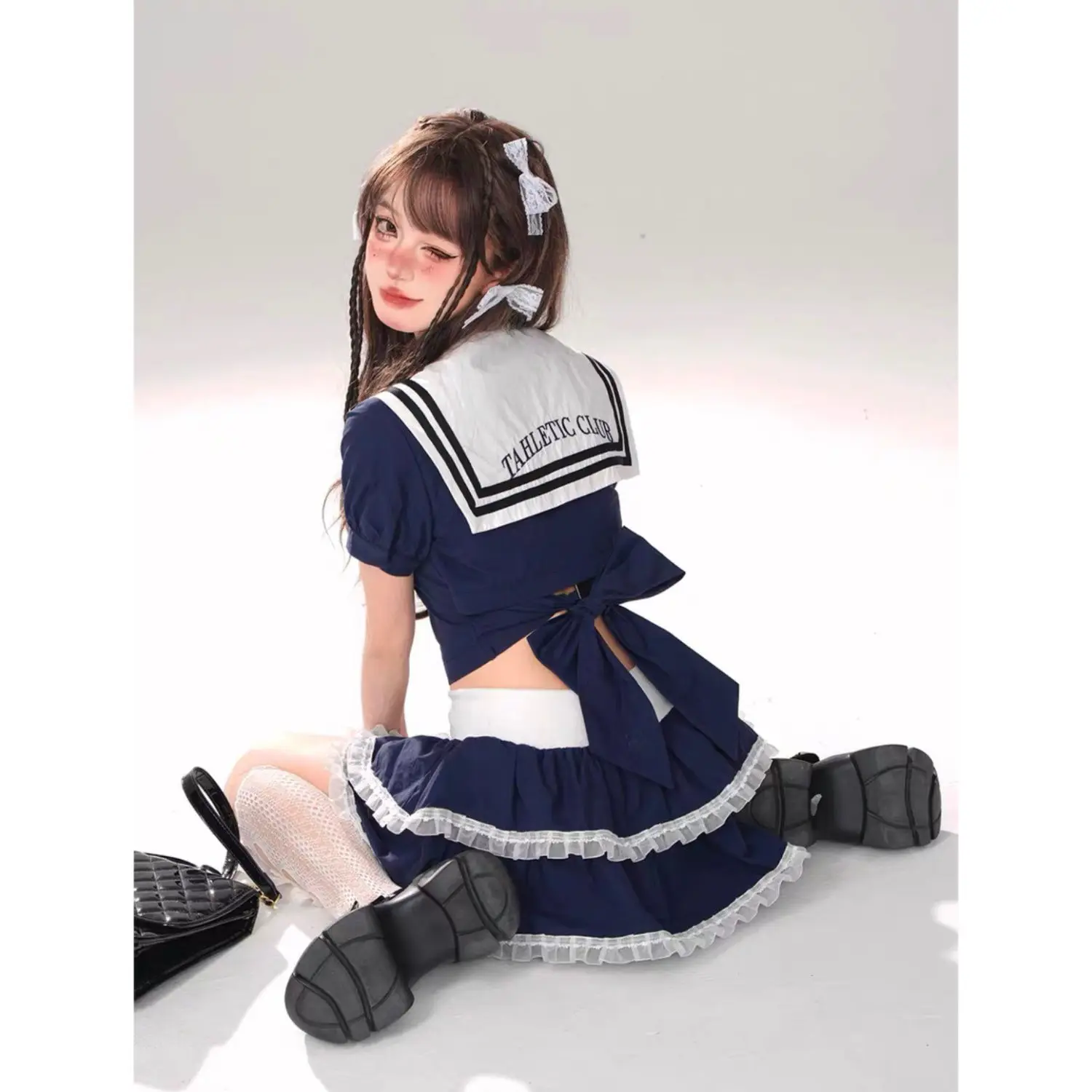 Japan Kawaii JK Cute Uniform Sailor Suit Summer Women Clothing Navy Neck Tie Up Bow Top High Waist Fluffy Short Skirt Girl New