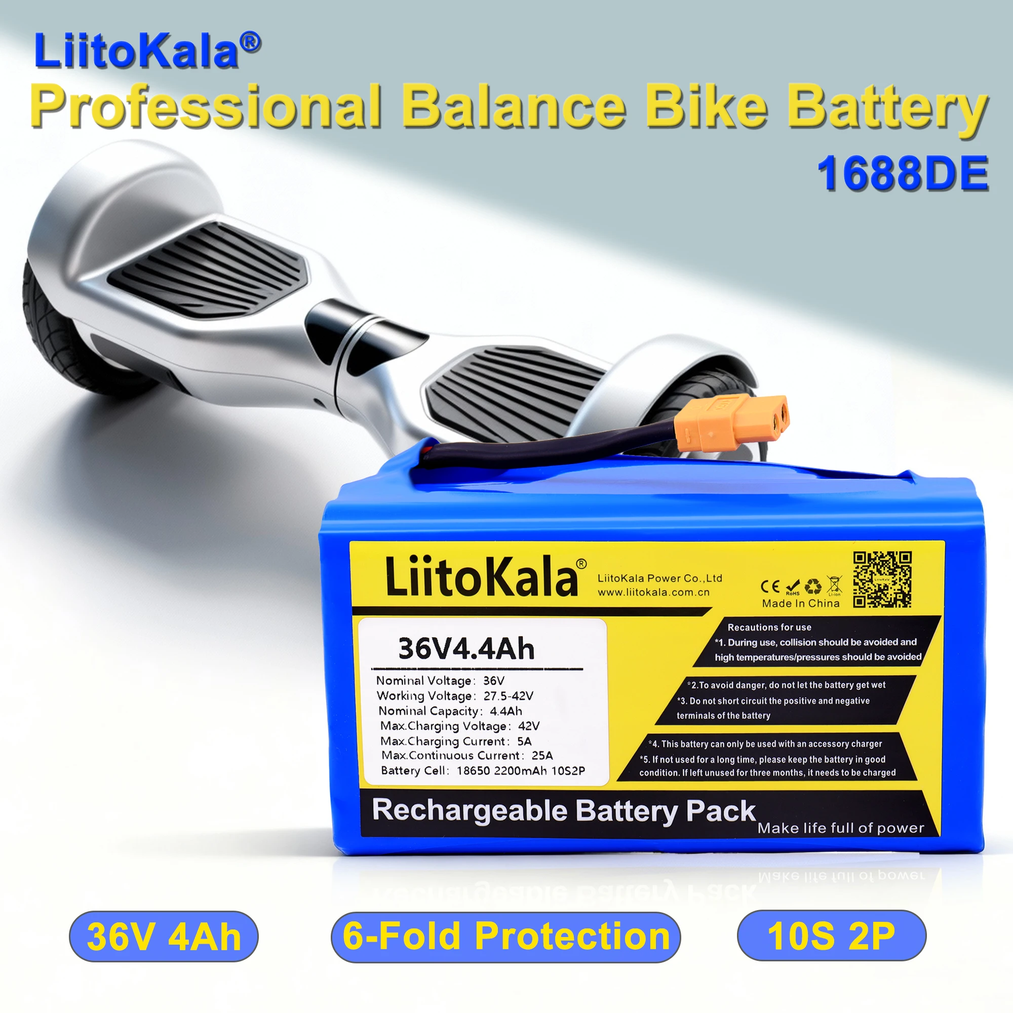 LiitoKala 36V rechargeable li-ion battery pack 4400mah 4.4AH li-ion cell for electric self balance scooter hoverboard unicycle