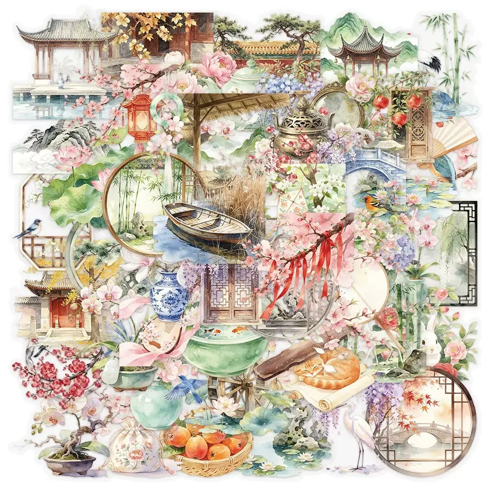 50pcs Chinese Style Element Stickers Retro Ink Graffiti Transparent PET DIY Decor Waterproof Stationery Notebook Stickers