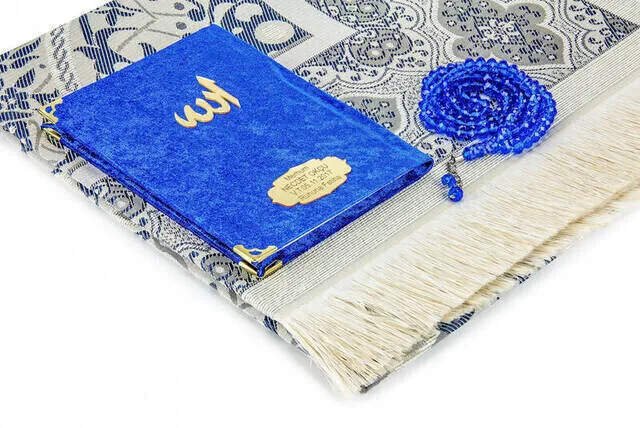 Kadife Yasin Book Bag Boy Name Plakalı Prayer Rug Tesbihli Boxed Navy Blue