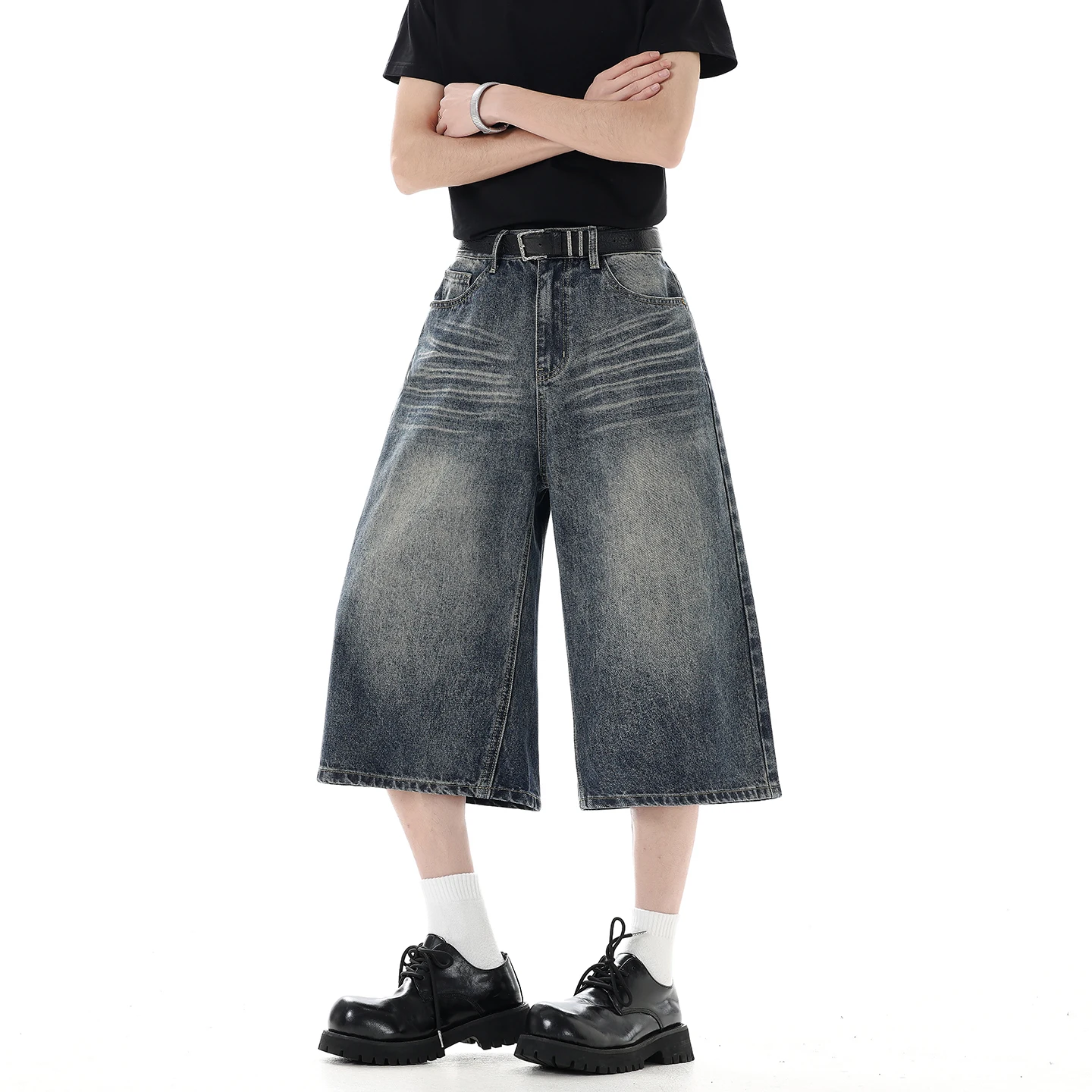 

Baggy Wide Leg Denim Shorts Men's Summer Vintage Blue Cotton Classic Calf Length Jeans Loose Fashion Y2K Pants Streetwear