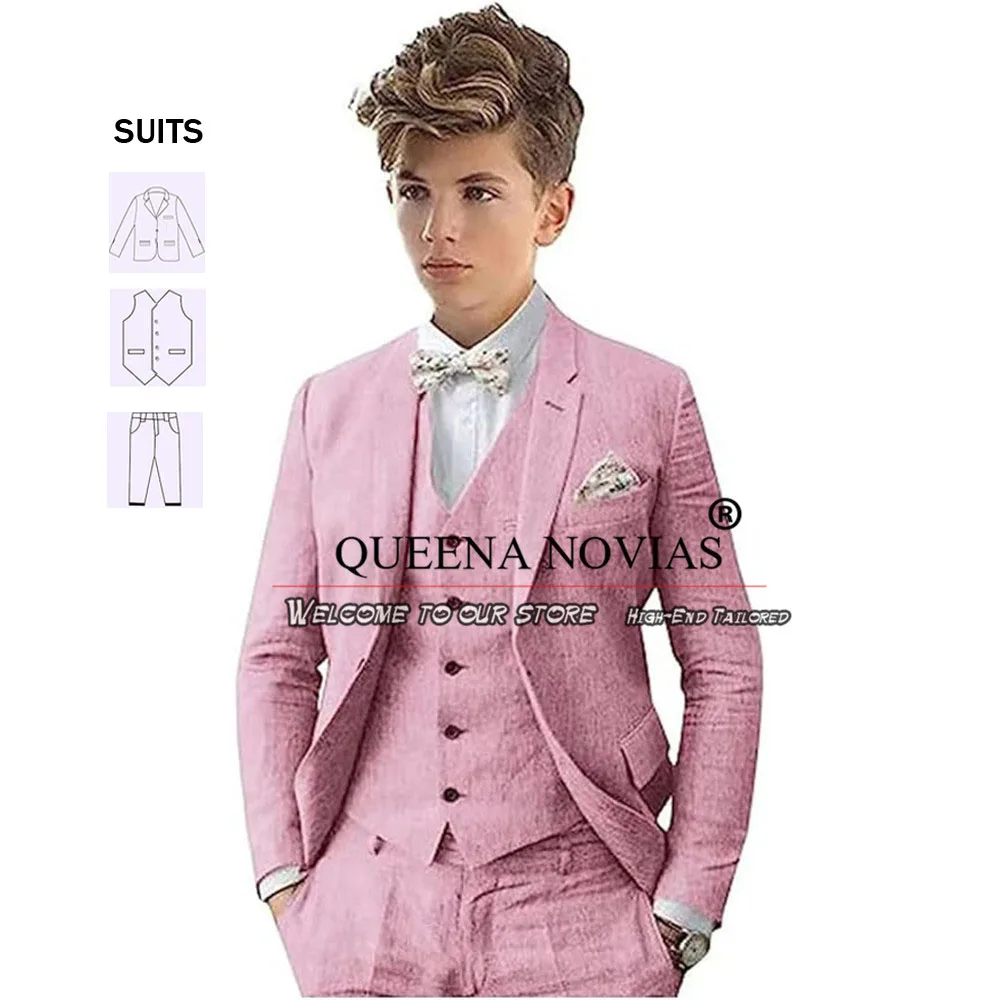 Smoking de linho rosa para crianças, sob medida, colete e calças formais, traje masculino, traje de casamento, jaqueta infantil, verão, tamanho 2-16T, 3 peças