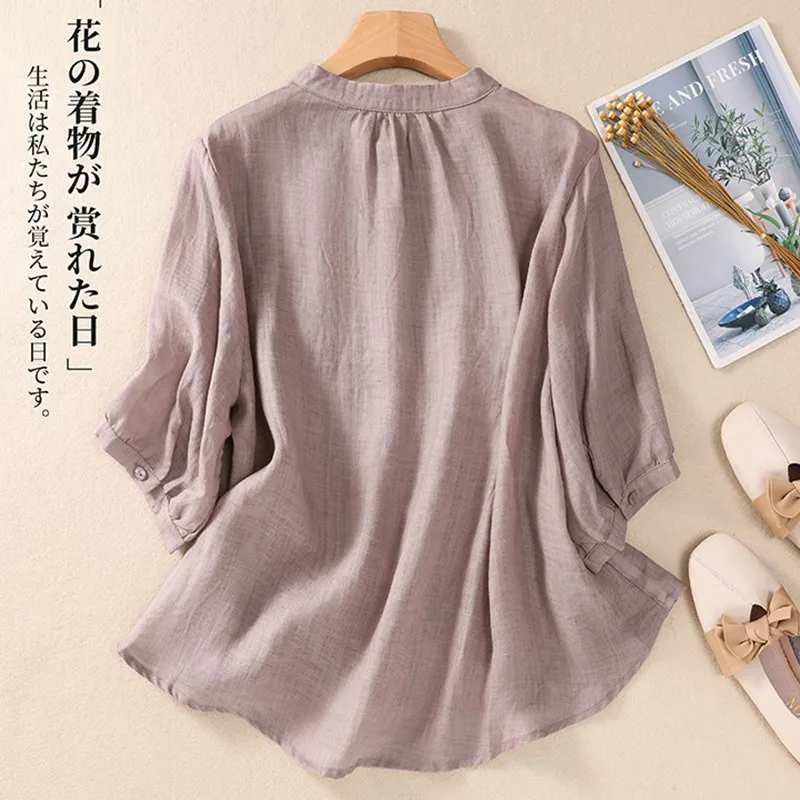 Women Casual Cotton Shirt New 2024 Summer Vintage Style Stand Collar Solid Color Loose Female Half Sleeve Tops Shirts B3724