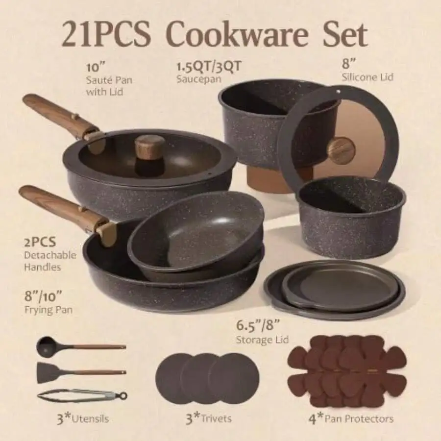 21pcs Pots And Pans Set Non Stick, Detachable Handle Cookware Ultra Nonstick, Space Saving, Dishwasher And Oven , Kitchen/Apartm