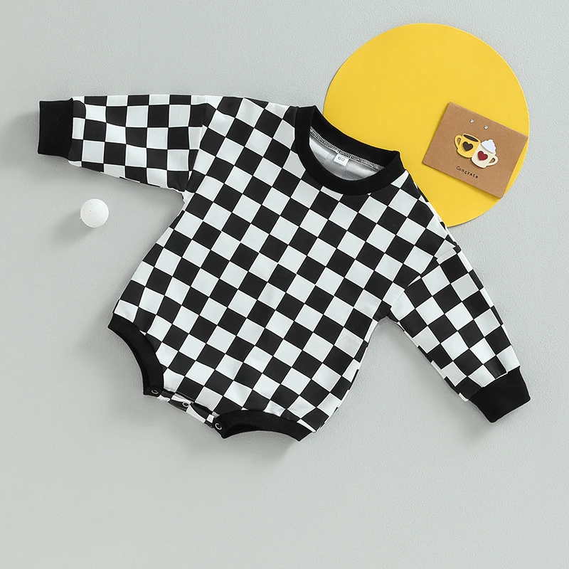 2023-06-06 Lioraitiin 0-24M Infant Baby Boy Girl Fall Sweatshirt Bodysuit Checkerboard Print Long Sleeve Newborn Jumpsuit