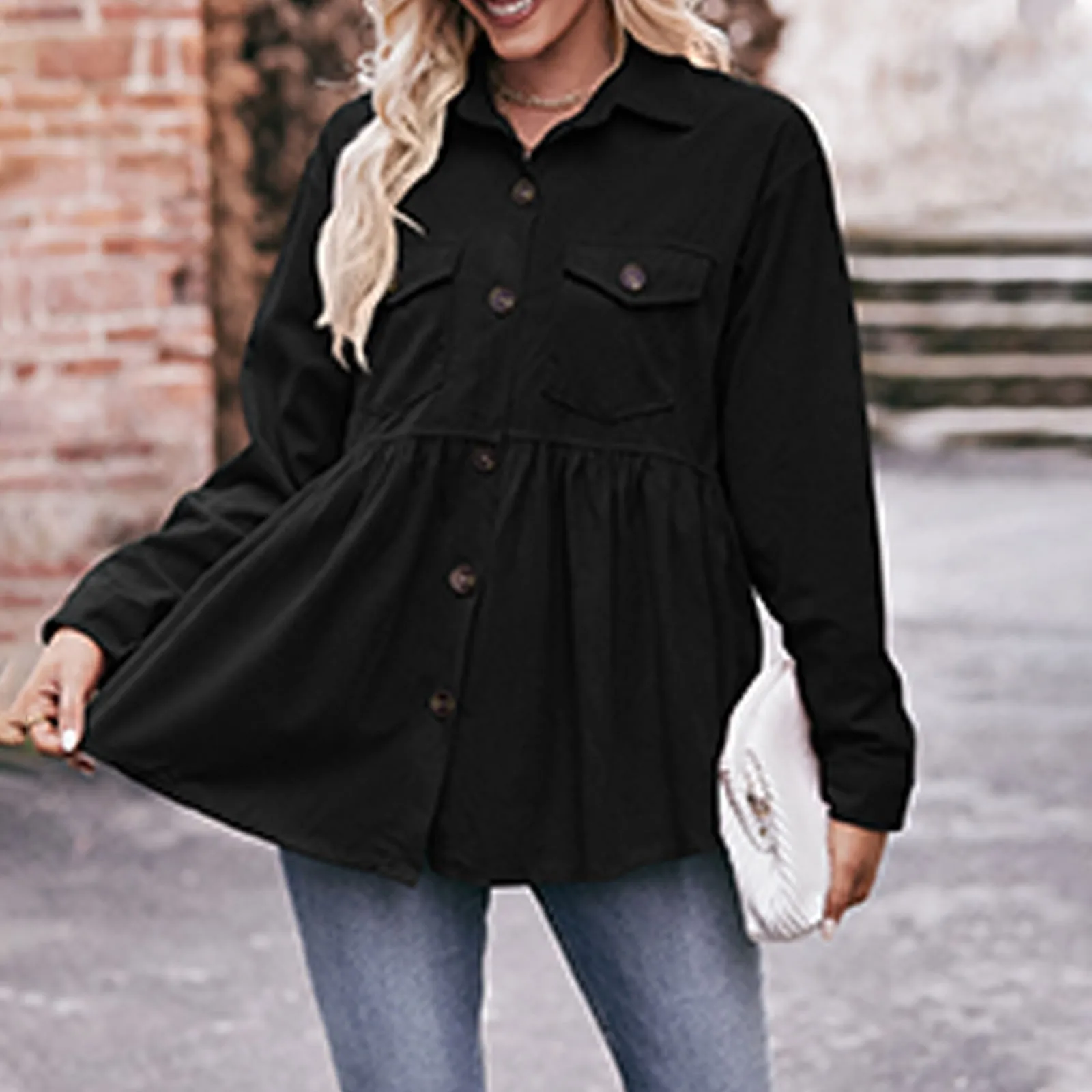 Women'S Corduroy Shirt With A Row Of Buttons Casual Shirt Coat With Pleats Doll Shirt Babydoll Corduroy Shirt Top Women Shirt