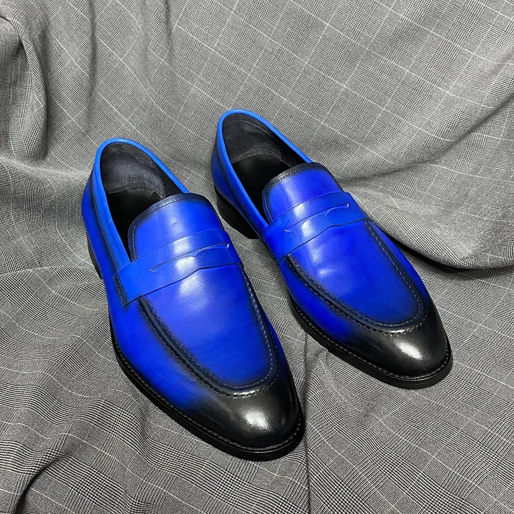 Classic Handmade Mens Penny Loafers Genuine Leather Blue Wedding Party Formal Shoes Italian Style Business Dress Shoes for Men