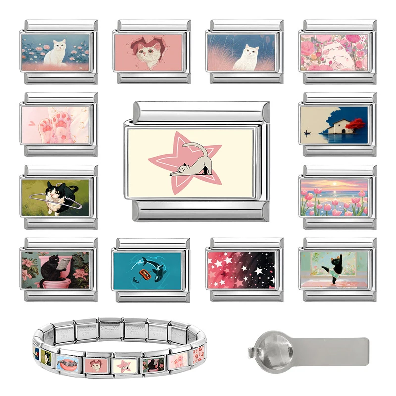 Y2K Cats Read Newspaper in the Toilet Italian Charm Links Fit 9mm Stainless Steel Bracelet Women DIY Making Jewelry Wholesale