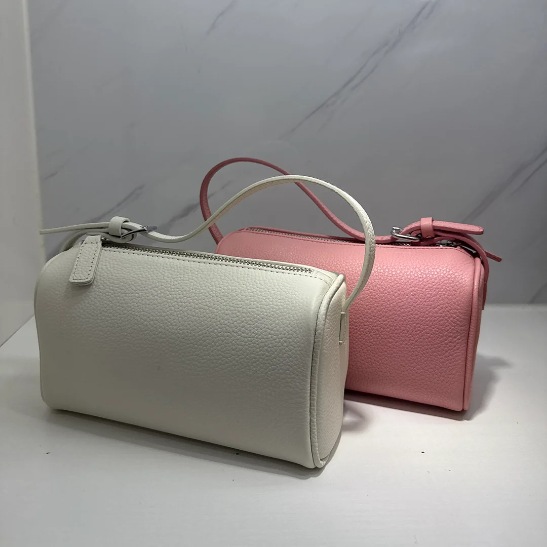 Mendy Genuine Leather MiniCylinder Bag Women Pebbled Litchi Grain Curved Top Handle Top Zipper Minimalist Daily Commute Original