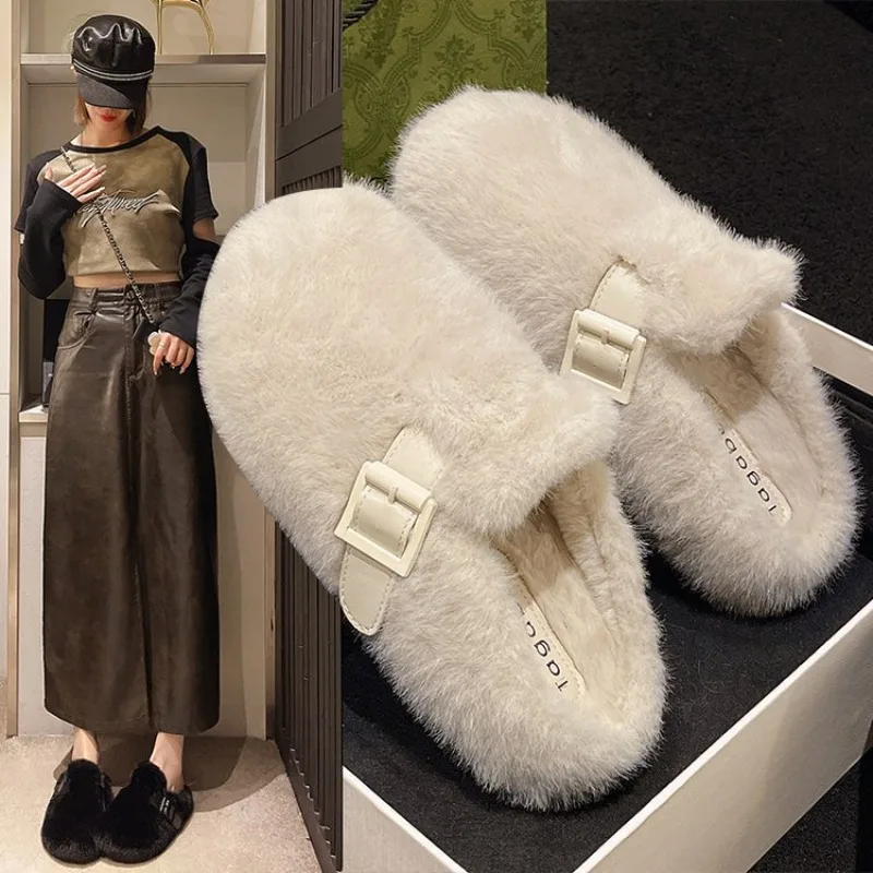 

Модные пушистые тапочки для женщин для улицы, хлопковые шлепанцы с открытым носком, пушистая обувь для женщин