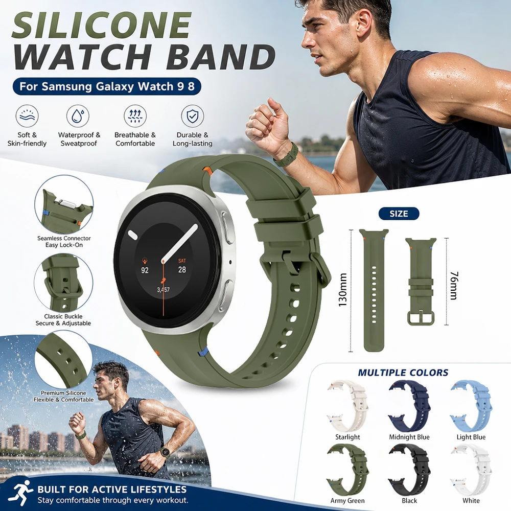 Sport Silicone Strap For Samsung Galaxy Watch 9 8 40mm 44mm Galaxy Watch 8 46mm Sweat-Proof Durable Silicone Band For Sports