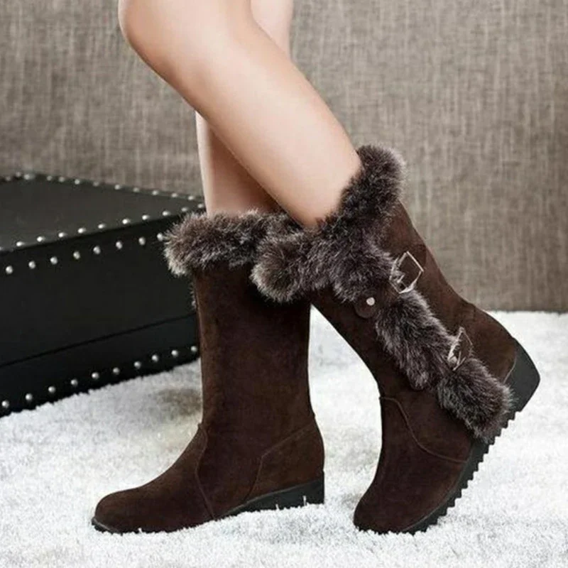 Nowe zimowe buty damskie Casual Warm Fur Mid-Calf Boots Shoes Women Slip-On Round Toe Wedges Snow Boots Shoes Muje Plus Size 42