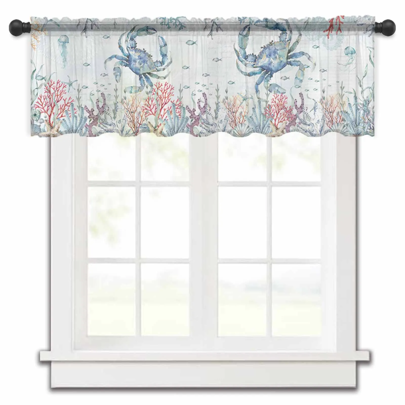 Summer Ocean Coral Blue Crab Starfish Jellyfish Kitchen Small Window Curtain Tulle Sheer Short Curtain Living Room Voile Drapes