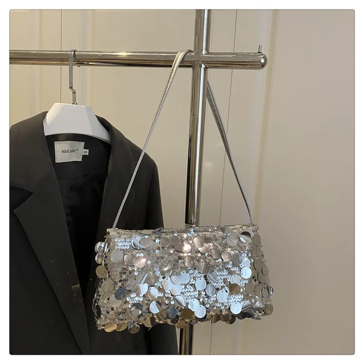 Neue Pailletten-Abendtasche, Schultertasche für Damen, leicht, tragbar, Damen-Umhängetasche mit Riemen, einfarbig, modische Handtasche für Frauen. – Detail 24