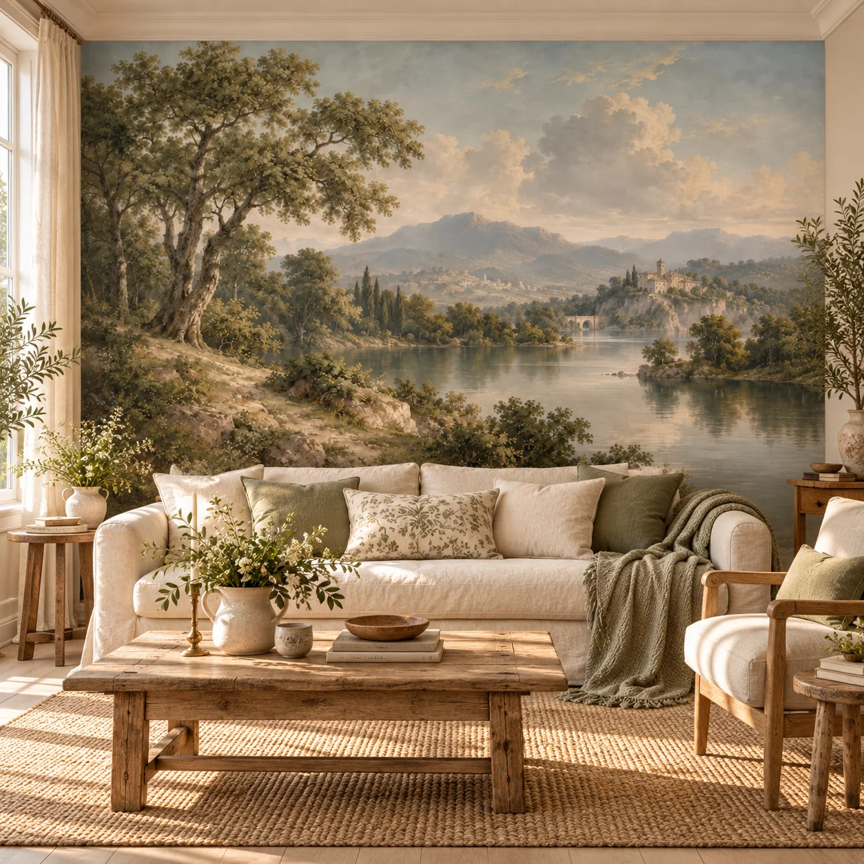 Landscape Wall Mural Vintage Lake Mountain Trees Wallpaper Self Adhesive Bedroom Living Room Pastoral Natural Scenery Wall Decor