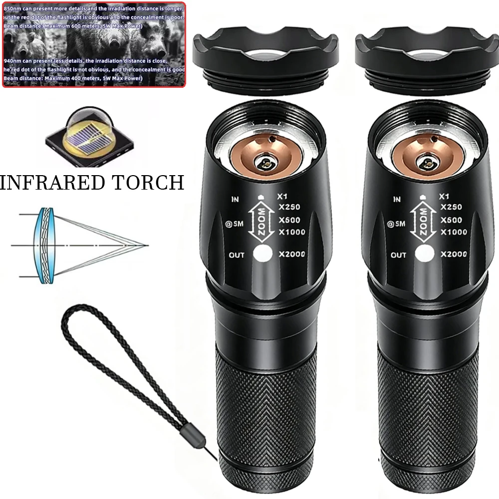 IR Infrared Flashlight 850nm Telescopic Zoom Night Vision Aluminum Alloy Supplementary Light 940nm for Outdoor Activities