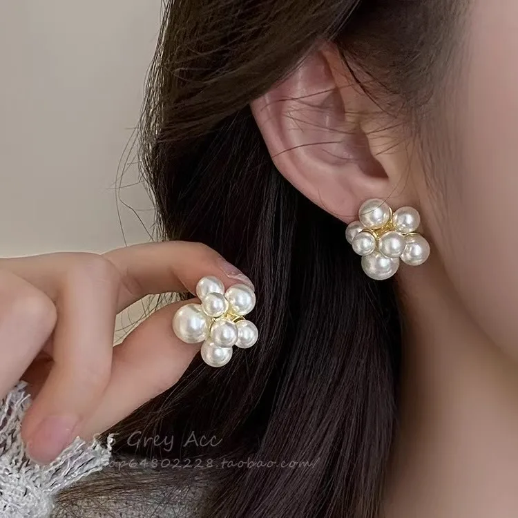 Imitation Pearl Flower Balloon Shaped 925 Silver Neddle Stud Earrings for Women Korean Simple Geometry Jewelry Brincos Girl Gift