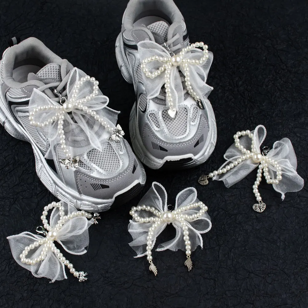 Shoe laces Charms for Sneakers Decorative Silk ribbon Pearl Bow Shoe Charm Accessories Metal pendant Shoe Decorations 2Pcs/4Pcs