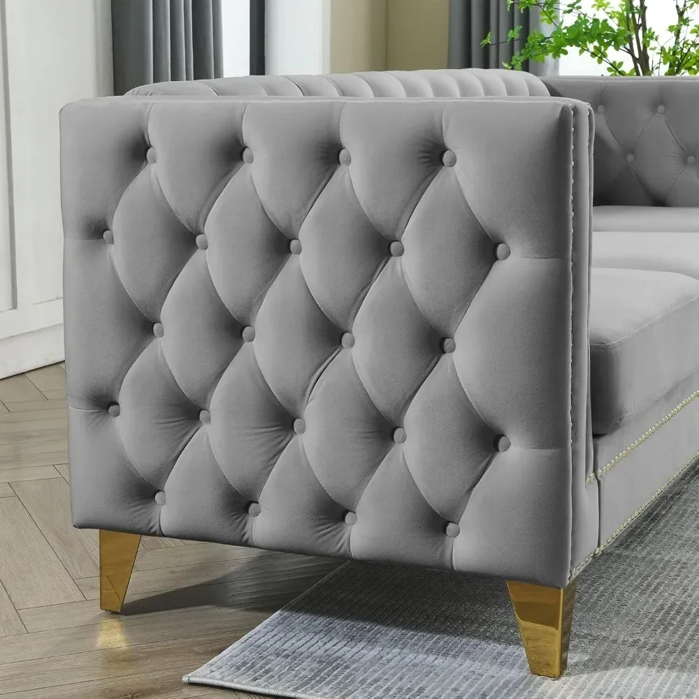 Samet žití pokoj pohovka sada z 2, comfy loveseat a 3 seater gauč, moderní pohovka s tufted couvat a nýt dekorace