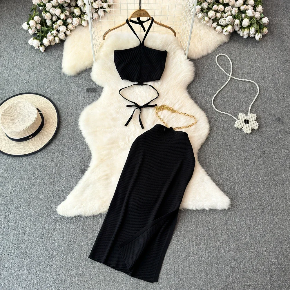 ถัก 2 ชิ้นชุดผู้หญิงชุดกระโปรงเซ็กซี่ Slim Crop Tops ยาวแยกชุดกระโปรง Halter Camis กับกระโปรงแฟชั่นใหม่