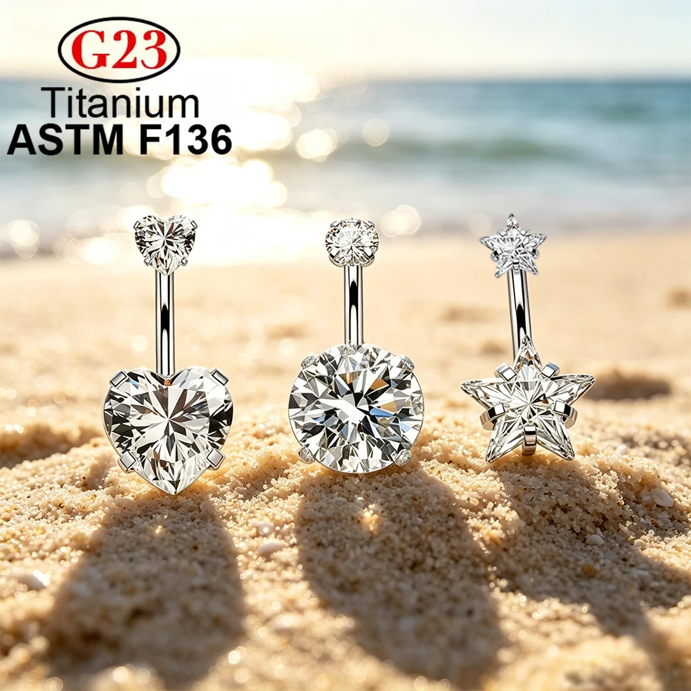 ASTM F136 Titanium Belly Button Ring Round Heart Star Zircon 14G Internal Thread Navel Piercing Ring Bar Body Jewelry for Women