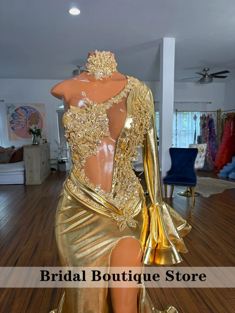 Gold Shiny Prom Dresses For Black Girl Crystal Sequins Applique Sexy High Slit African Evening Gown Formal Party Gown Customized - view 4