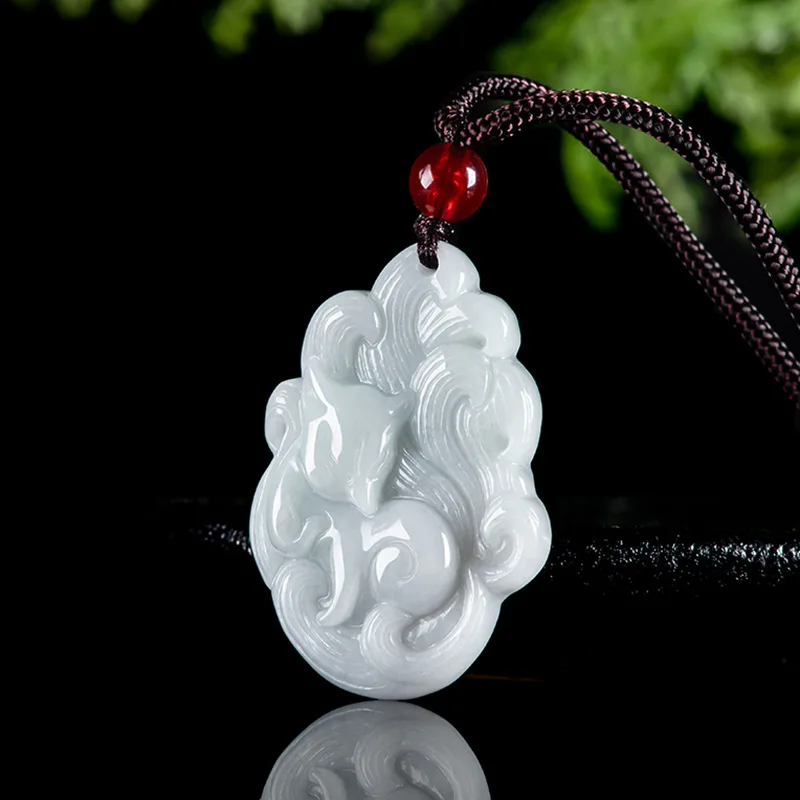 Jia Le/ Natural Jade Hand-carved Burmese Jade Nine-tailed Fox Necklace Pendant for Men and Women Couples Fashion Jewelry Gift