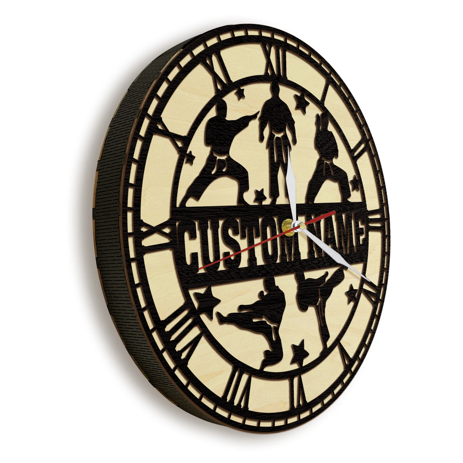 شخصية الكاراتيه لاعب اسم إطار خشبي ساعة حائط اليابانية فنون الدفاع عن النفس ديكور المنزل الخشب المعيشة المفصلي ساعة القتال الفني #2